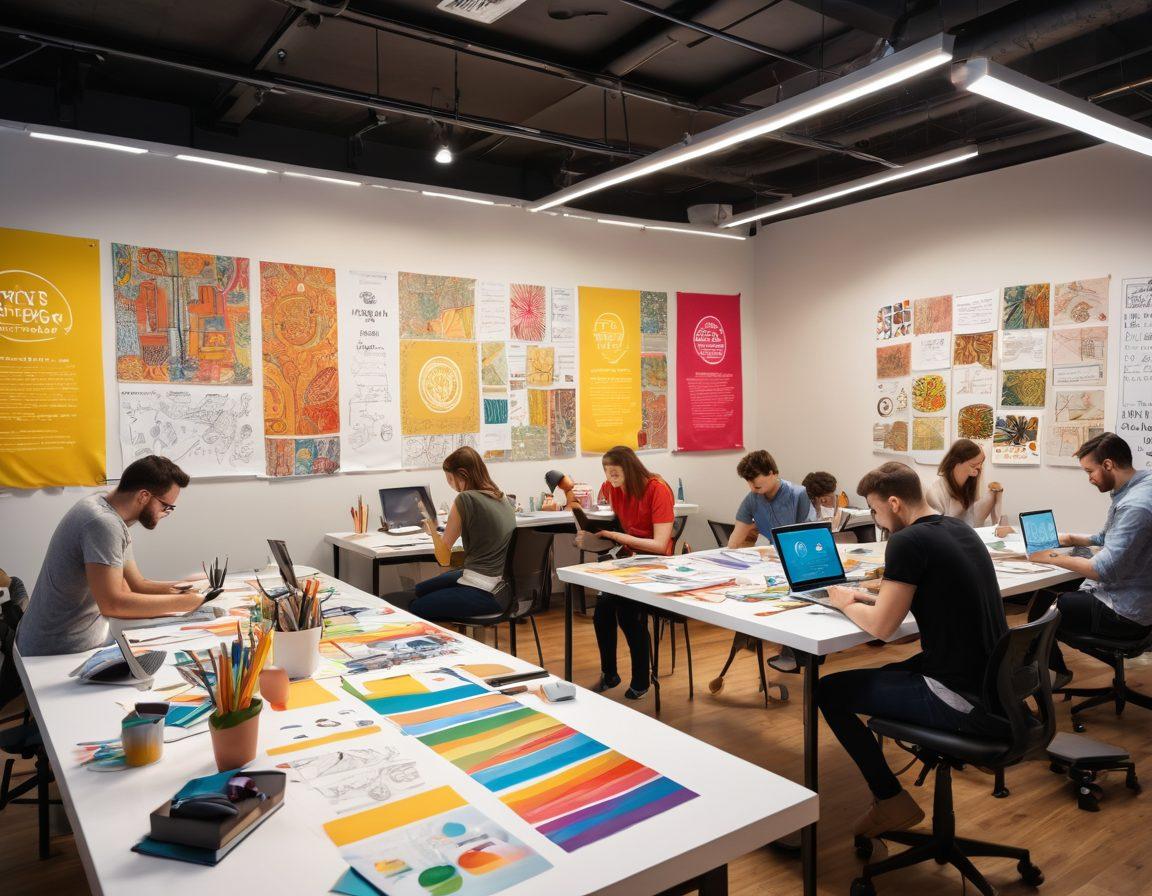 A dynamic scene illustrating the journey from concept sketches to the creation of vibrant customized banners. Showcase a diverse group of people collaborating, with colorful banners displaying engaging designs in the background. Include elements of brainstorming, digital design tools, and hands-on crafting. Emphasize themes of creativity and teamwork with bright colors and an inviting atmosphere. super-realistic. vibrant colors. 3D.