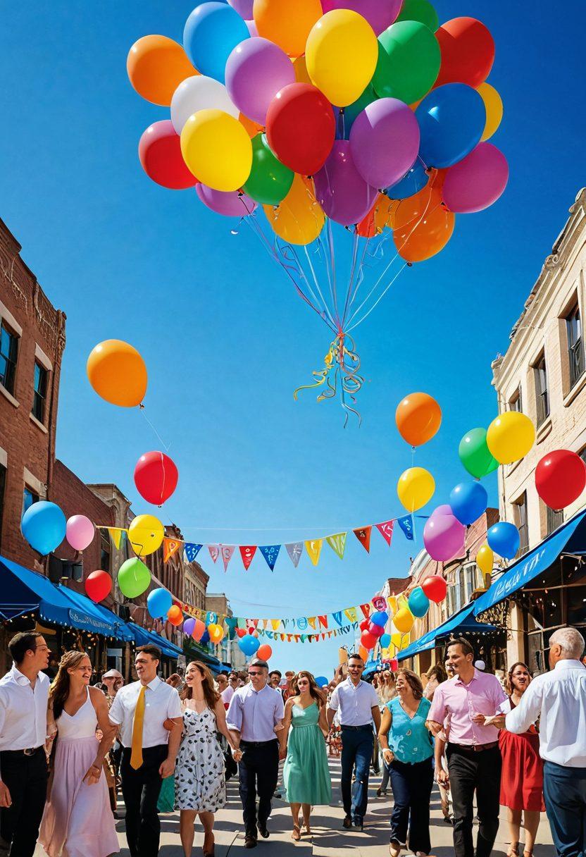 A vibrant event scene showcasing a beautifully designed cheerful banner that colors the atmosphere, with guests enjoying the festivities. The banner features uplifting graphics and bright colors, surrounded by balloons and decorations that enhance the joyful ambiance. The setting is outdoors with a clear blue sky and lively people celebrating together. super-realistic. vibrant colors. festive atmosphere.