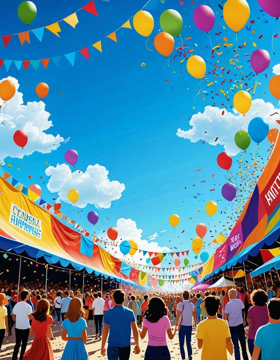 A festive landscape filled with colorful customized banners fluttering in the breeze, showcasing cheerful messages and vibrant designs. People of diverse backgrounds are joyfully interacting beneath the banners at a lively outdoor event, surrounded by balloons, confetti, and a bright blue sky. The atmosphere exudes happiness and celebration. cartoon style. vibrant colors. 3D.
